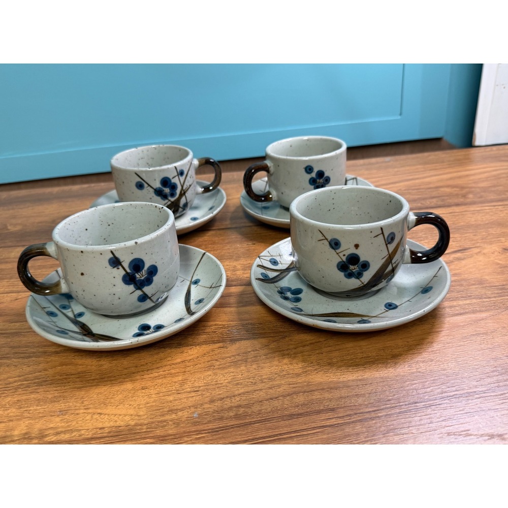 Vintage Plum Blossom Japan Stoneware Espresso Cup and Saucer Set of 4 Floral